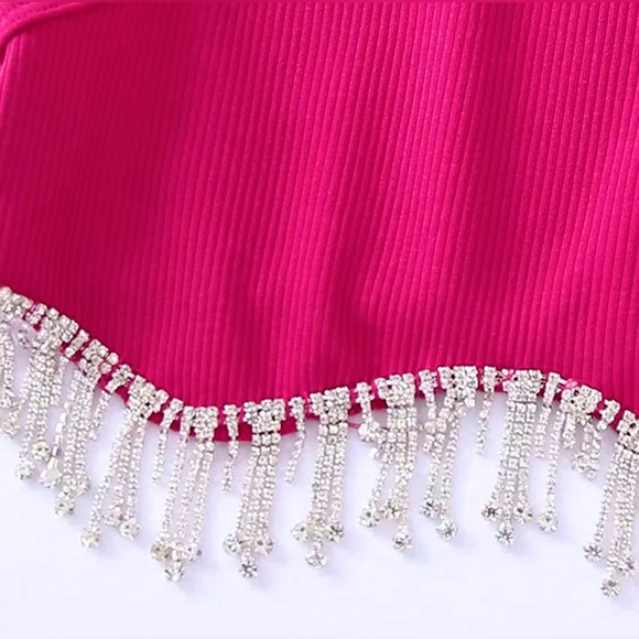 NEW Ribbed Knit Rhinestone Beading Tassel Trim Crop Tank Top - Picture 3 of 3